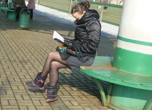 Sexy girls in skirts, stockings and upskirts on the train