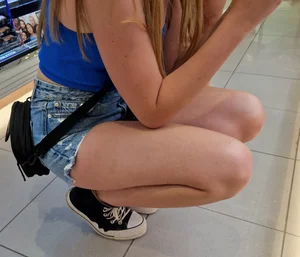 Cute Blonde Candid Teen Girl in Jean Shorts And a Top, Sneaky Photos at the Store