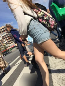 Sexy Girl in Denim Shorts With Awesome Legs on the Crosswalk Huge Creepshots Collection