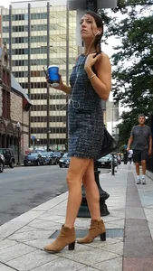 Cute office girl tan smooth legs blue cup of coffee