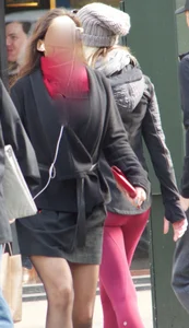 Blonde in tight red leggings and cute ass on the street