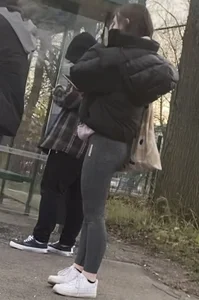 Perfect Fit Legs in Grey Leggings on the Street - Teen on a Bus Stop Creepshot
