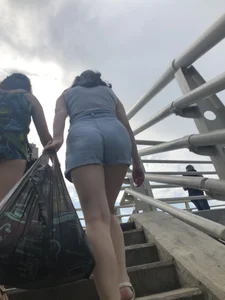 Sexy Butt And Legs in Denim Shorts - Candid Girl in Sandals Walking Up the Stairs Creepshots Gallery