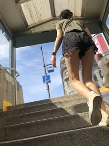 Candid Girl in Mini Shorts With Skinny Hot Legs and Booty Walking Up the Stairs Creepshots Gallery