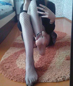 Cute Teen Selfie in Fishnet Pantyhose, Bare Feet