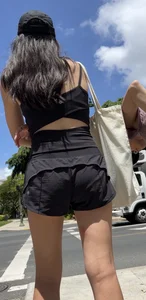 Skinny Chinese in lululemon shorts, leggy