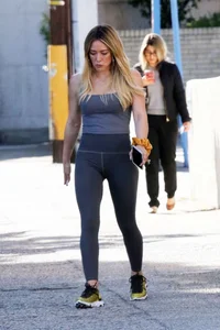 Hilary Duff in grey tights leaving Alfreds Coffee in Studio City
