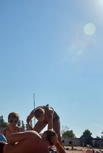 Blonde milf in blue thong bikini