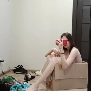 Skinny Naked Girl with Pale Skin Sitting in the Box Mirror Selfie