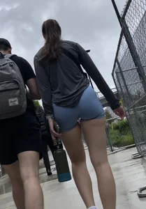 Succulent College Brunette in light blue spandex shorts VPL (oc)