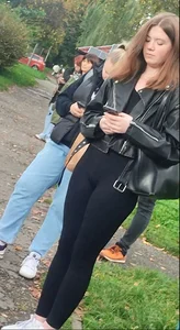 Pretty girl, black leggings, big ass, face