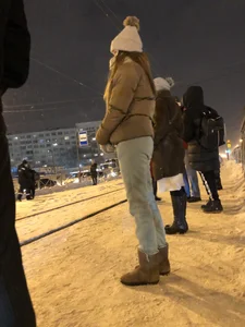 Cute Candid Girl in Pants Getting On a Tram Winter Creepshots, Nice Booty Closeups