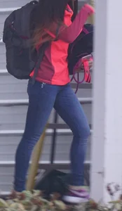 Girl next door teen walking to car in various tight jeans