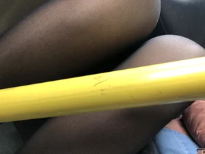 Knees of a Candid Milf in Black Pantyhose Public Bus Closeup