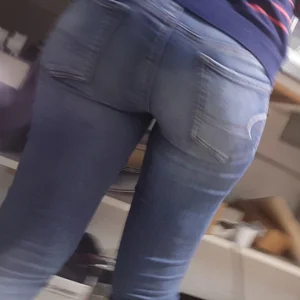 Candid Booty in Blue Tight Jeans Supermarket Closeup Photo