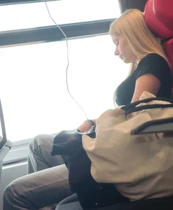 Hot busty blonde on train