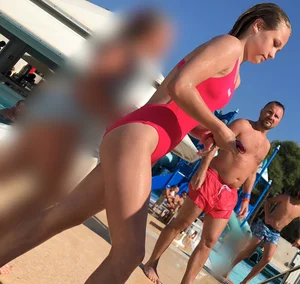Cute teen with tight ass and little pokies in a red swimsuit