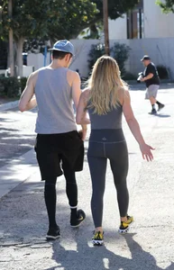 Hilary Duff in grey tights leaving Alfreds Coffee in Studio City