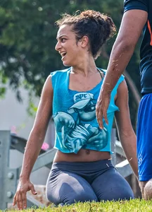 Sweaty girl working out in tight leggings with vpl