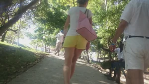 Milf in yellow shorts with vpl and a wedgie