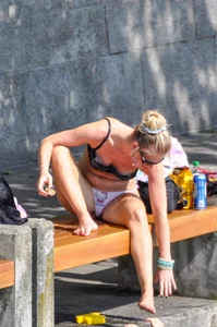 Blonde milf looking sexy in Hello Kitty bikini with nice mound and camel toe