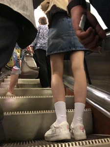 Girl in Denim Skirt with Thin Hot Legs in White Socks Subway Train and Escalator Creepshot