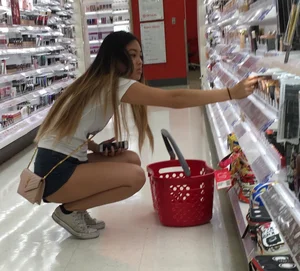 Hot Asian Girl in Mini-Shorts - Ass Closeups at the Store