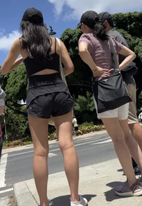 Skinny Chinese in lululemon shorts, leggy