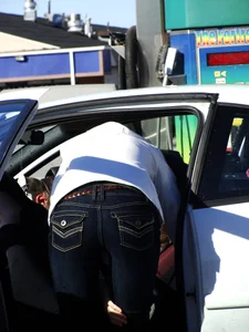 Some candid girls cleaning their cars in jeans and some showing ass crack