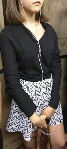 Candid Skinny Legs in the Subway - Teen JB in a Skirt with Geometric Pattern