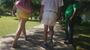 Milf in yellow shorts with vpl and a wedgie