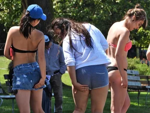 Group of sexy girls in bikinis at the beach