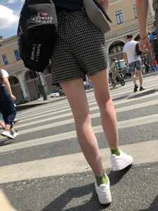 Two Teen Girls in Matching Shorts With Slim Legs on the Crosswalk Large Creepshots Gallery