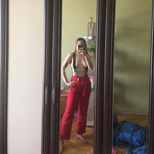 Topless Girl in Red Pants with Suspenders Covering Her Nipples Hot Home Mirror Selfie