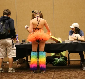 Cosplayer candid girl in a bright costume