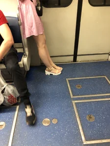 Girl in Sandals and Pink Dress with Hot Skinny Legs Subway Creepshots