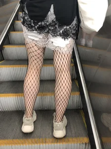 Cute Girl in Lacey Semi-Transparent Dress and Fishnet Pantyhose Subway Escalator Candid Photos Gallery