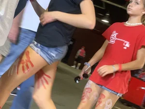 Bunch of girls in various outfits at a Cardinals baseball game