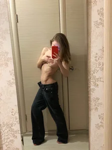 Skinny Girl in Jeans Hot Topless Selfie in the Mirror