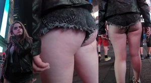 Girl in NYC showing her ass cheeks in denim shorts