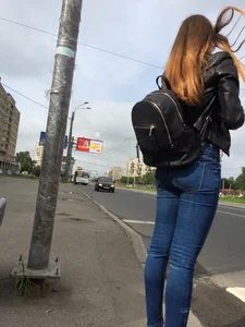 Hot Girl in Tight Blue Jeans And Bright Pink Sneakers on a Crosswalk Street Booty Creepshots Collection