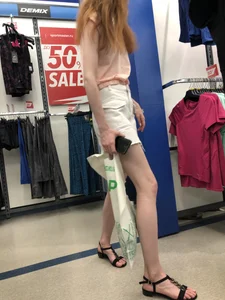 Redhead in Sandals and Skirt with Skinny Legs Candids
