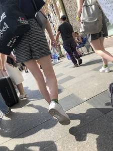 Two Teen Girls in Matching Shorts With Slim Legs on the Crosswalk Large Creepshots Gallery