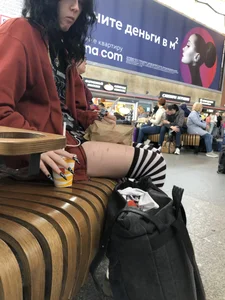 Skinny candid girl with scarred legs in stockings having a snack creepshots