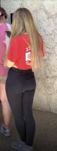 Teen in leggings walking down stairs with slight camel toe and busted