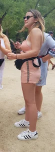 Sexy babe with vpl in shorts and showing some nice cleavage
