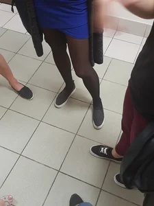 Blonde College Girl's Legs in Black Pantyhose - Short Blue Dress Creepshots
