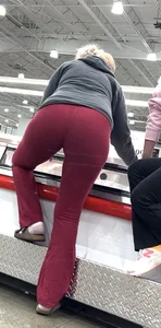 Pawg in red yoga pants bends over, upshots, long follow