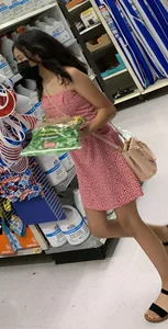 Cute Asian teen in a short dress supermarket creepshots, skinny legs and sandals