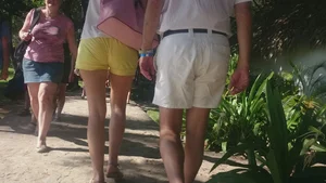 Milf in yellow shorts with vpl and a wedgie